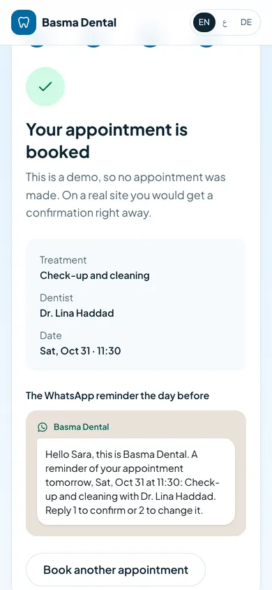 Booked, with the WhatsApp reminder