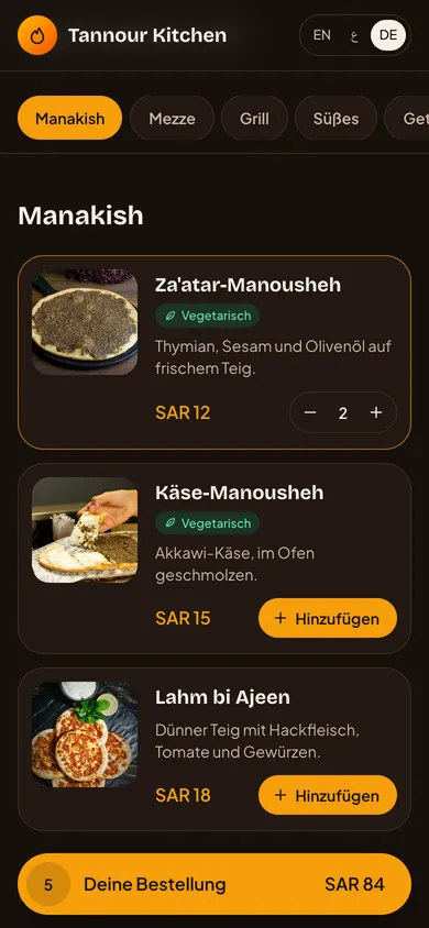 Die Speisekarte mit der Bestellleiste