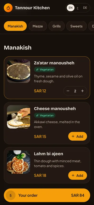 The menu with the order bar
