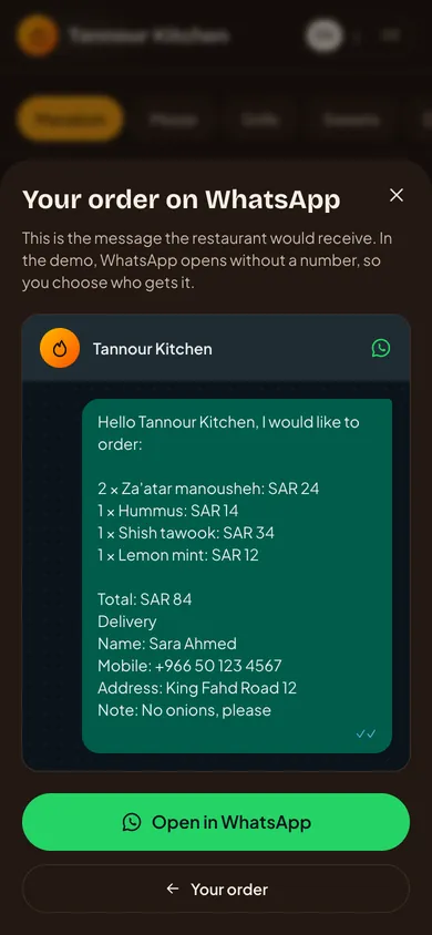 The order as a WhatsApp message